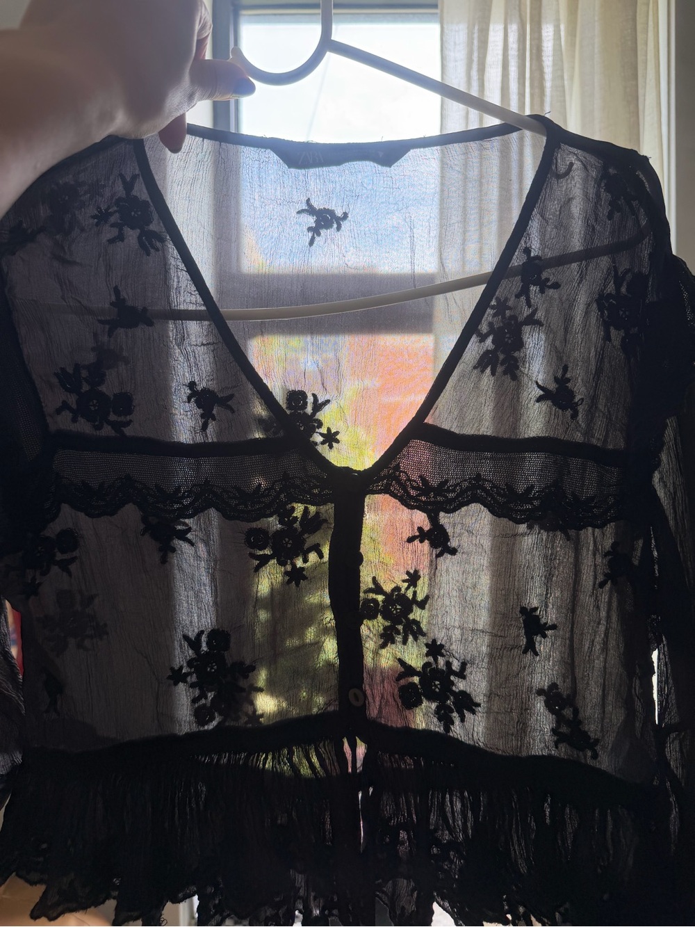 Zara Black Sheer Floral Lace Cropped Top